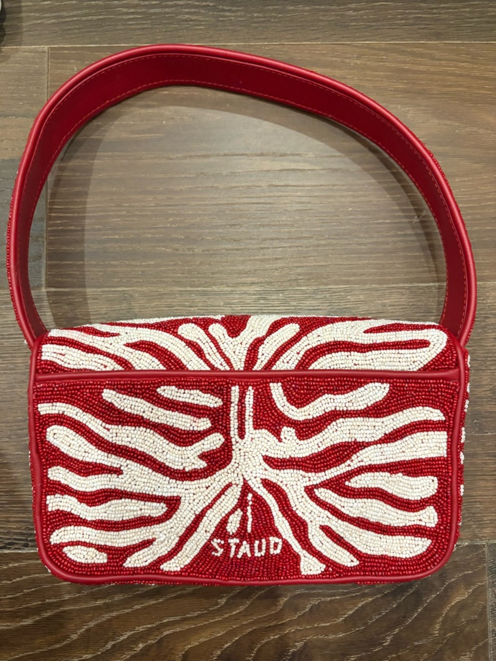 STAUD Red and White Beaded Shoulder Bag with Zebra Motif